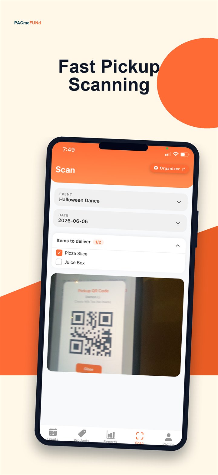PACmeFUNd pickup scanning screen for volunteers