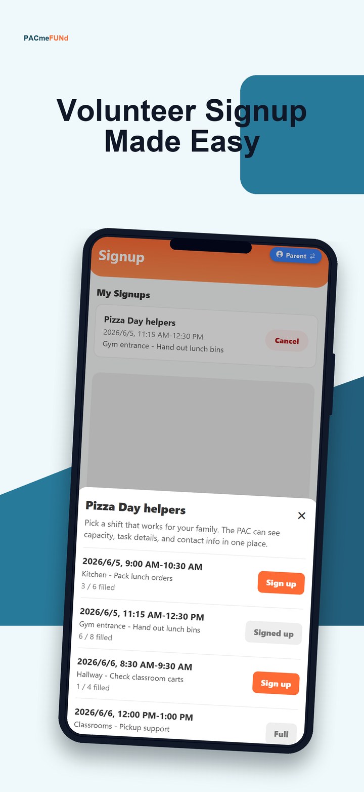 PACmeFUNd volunteer signup screen showing families claiming open shifts