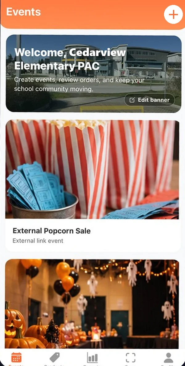 PAC events screen listing the school's upcoming fundraisers