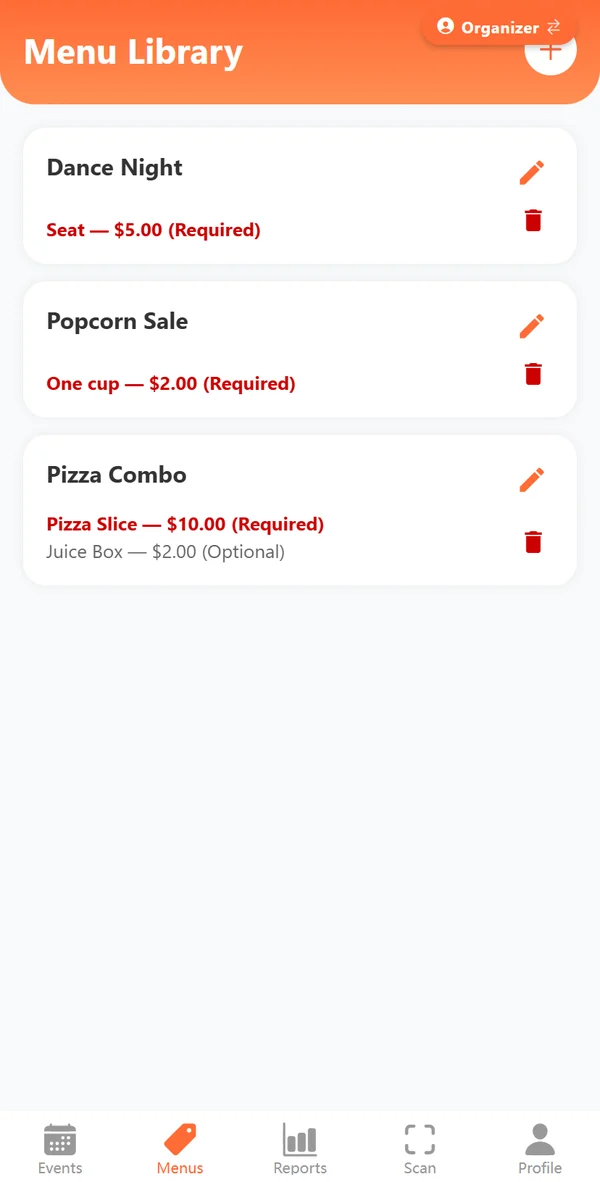 Menu library with Dance Night, Popcorn Sale and Pizza Combo
