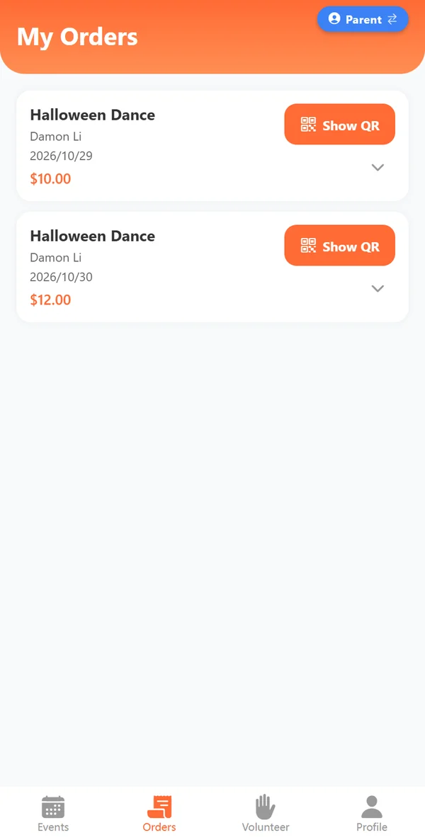 Parent's My Orders screen with a Show QR button for each order