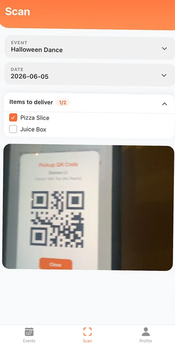 Volunteer scan screen checking off pizza and juice for a student's QR code